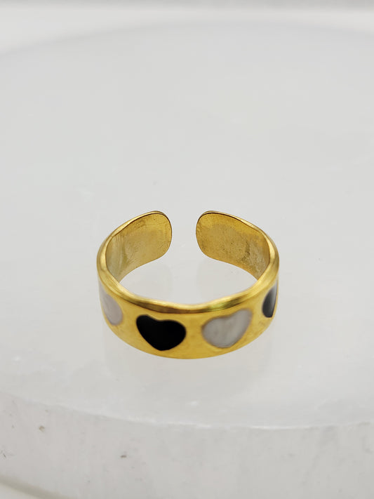 Black & White Heart Wide Band Ring | 18K Gold Adjustable