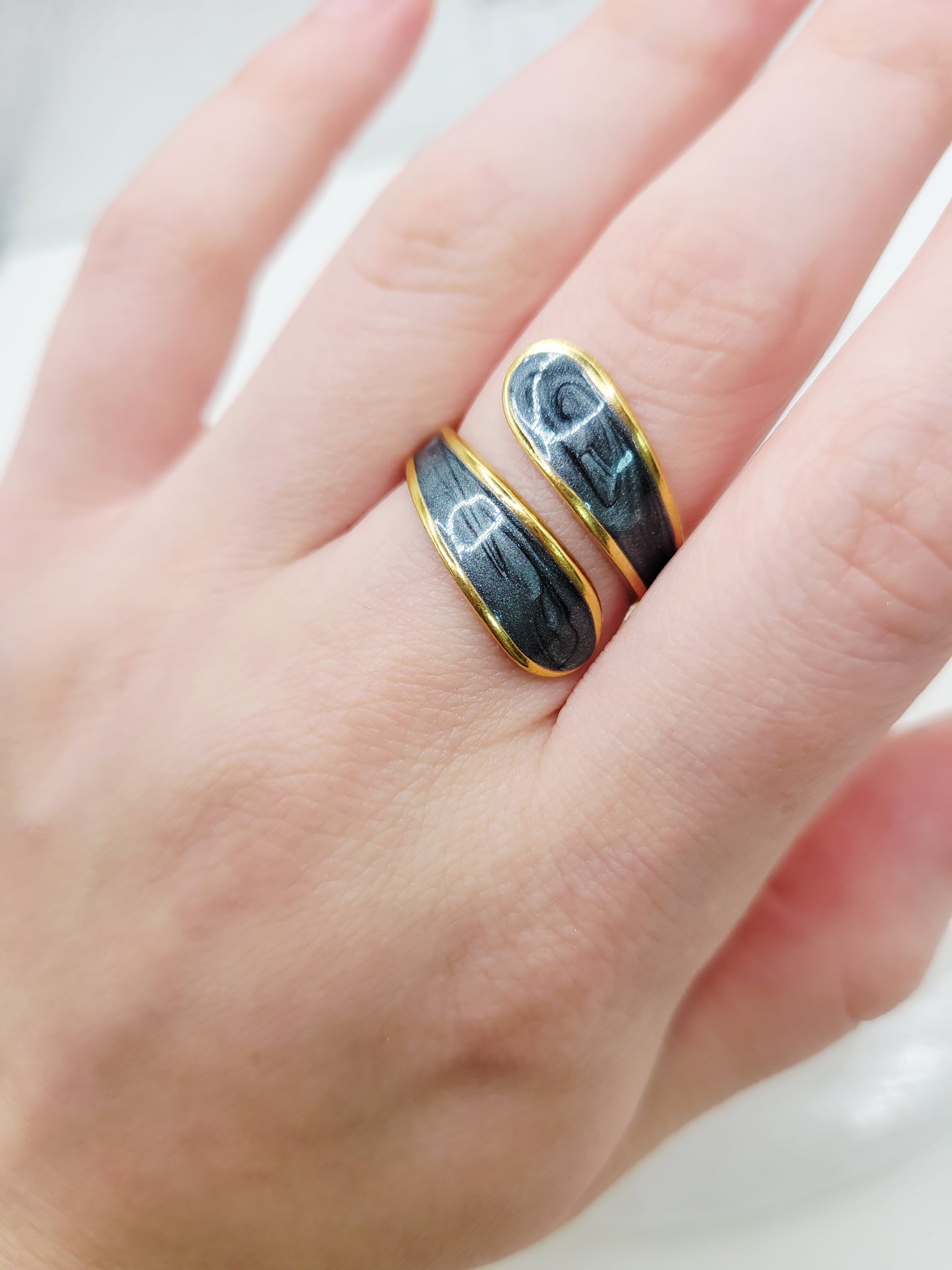 Black Enamel Wrap Ring | 18K Gold Adjustable Cuff