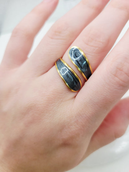 Black Enamel Wrap Ring | 18K Gold Adjustable Cuff