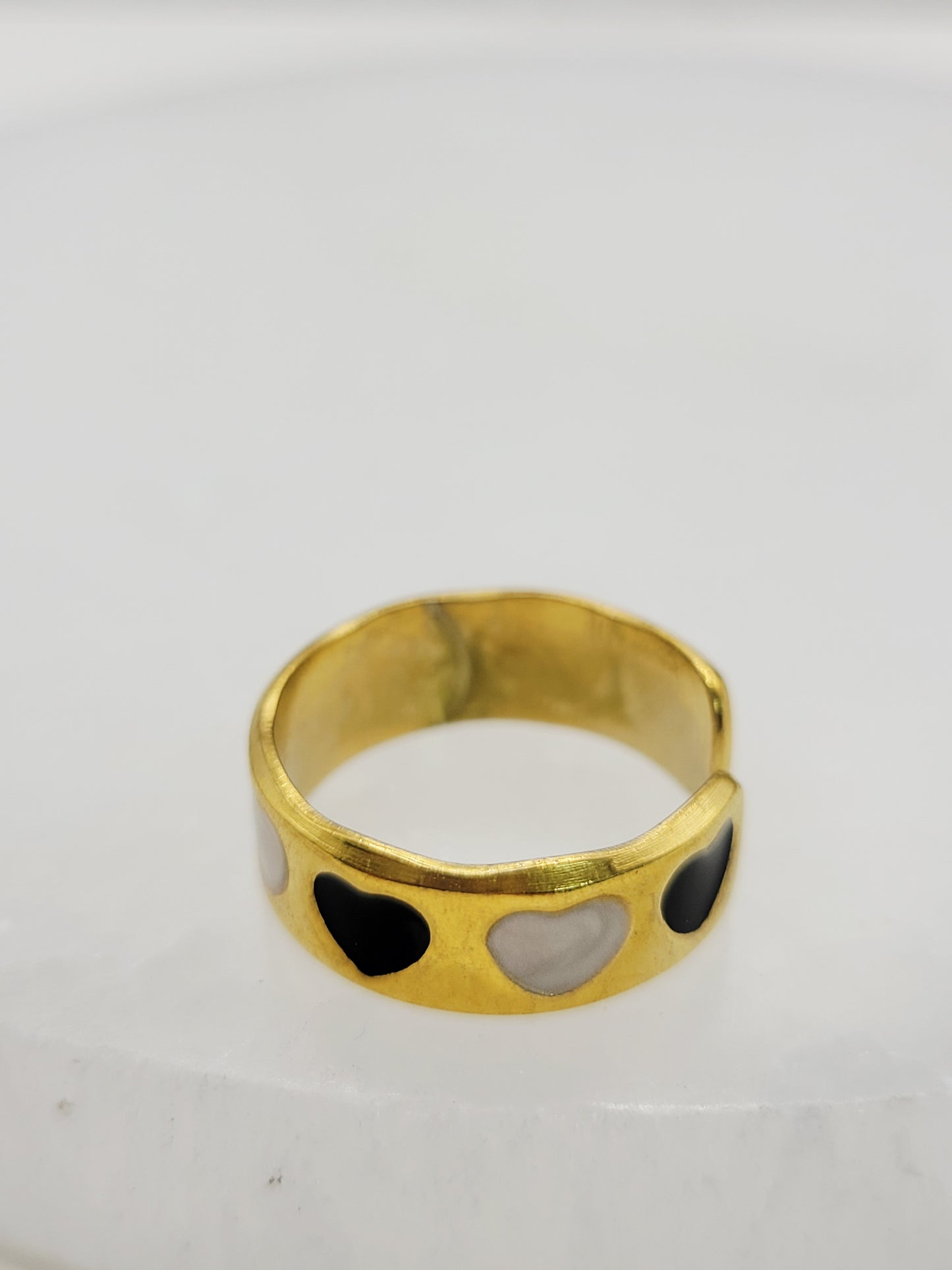 Black & White Heart Wide Band Ring | 18K Gold Adjustable