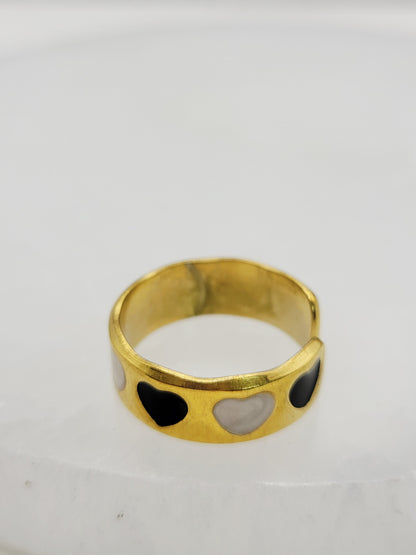 Black & White Heart Wide Band Ring | 18K Gold Adjustable