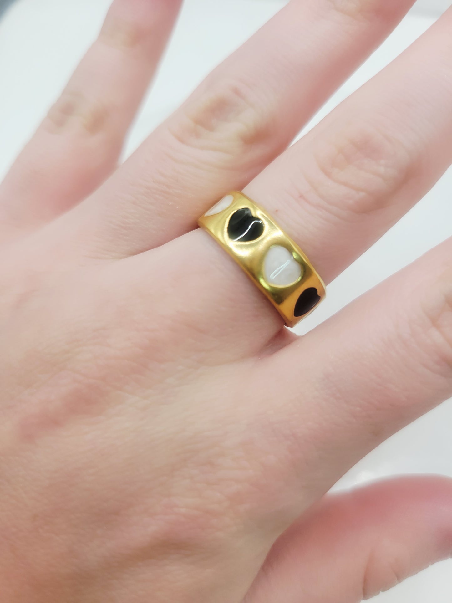 Black & White Heart Wide Band Ring | 18K Gold Adjustable