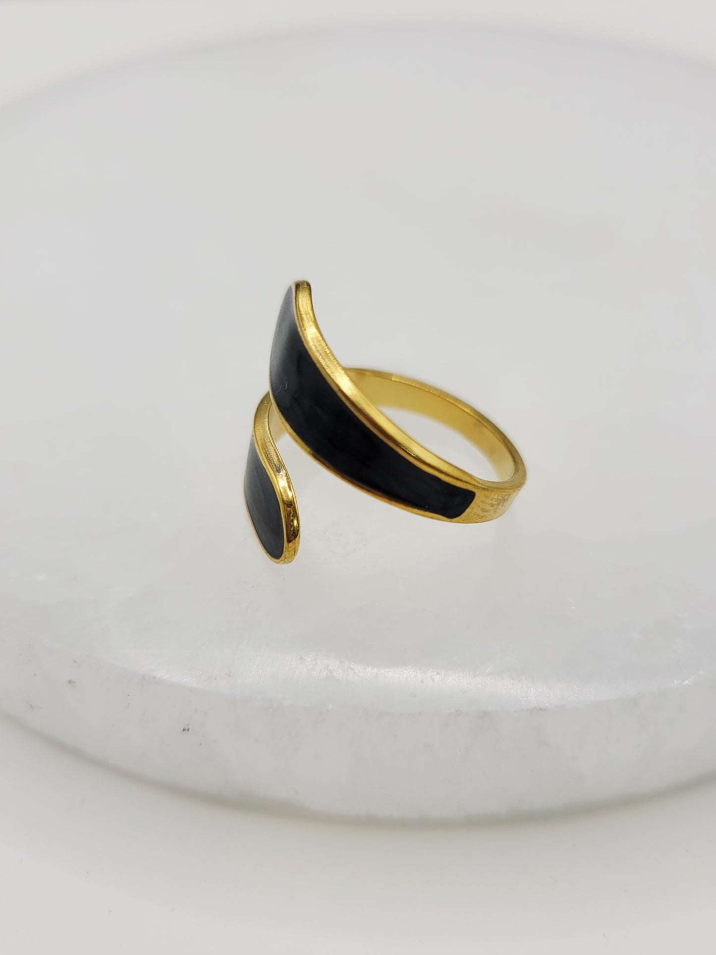Black Enamel Wrap Ring | 18K Gold Adjustable Cuff