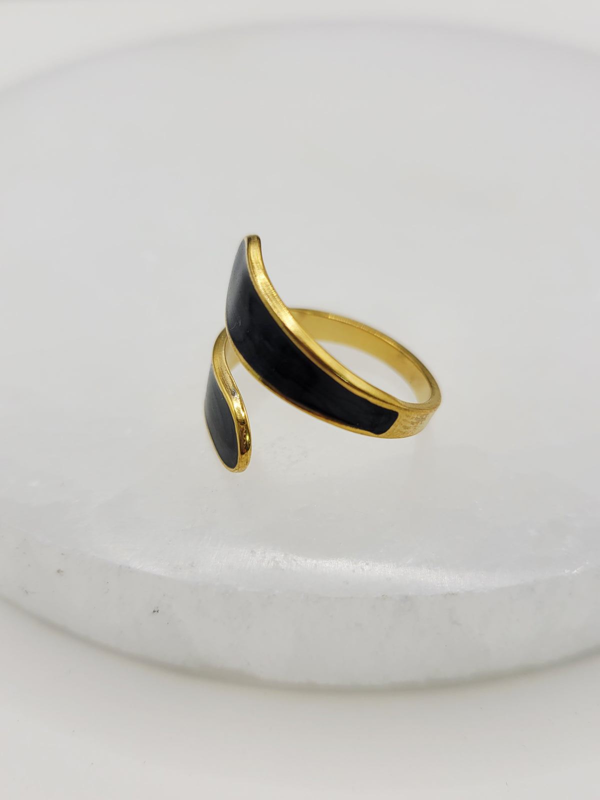 Black Enamel Wrap Ring | 18K Gold Adjustable Cuff