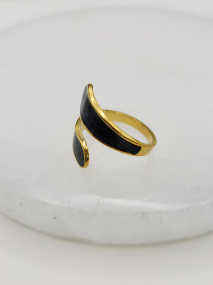 Black Enamel Wrap Ring | 18K Gold Adjustable Cuff