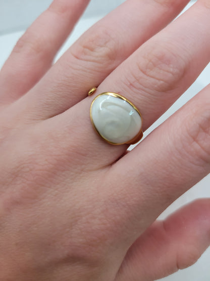 White Marble Teardrop Signet Ring | 18K Gold Adjustable