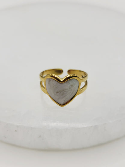 Marble Heart Double Band Ring | 18K Gold Adjustable