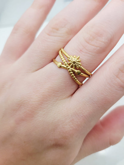 Sunburst & Daisy Triple Band Ring | 18K Gold Adjustable