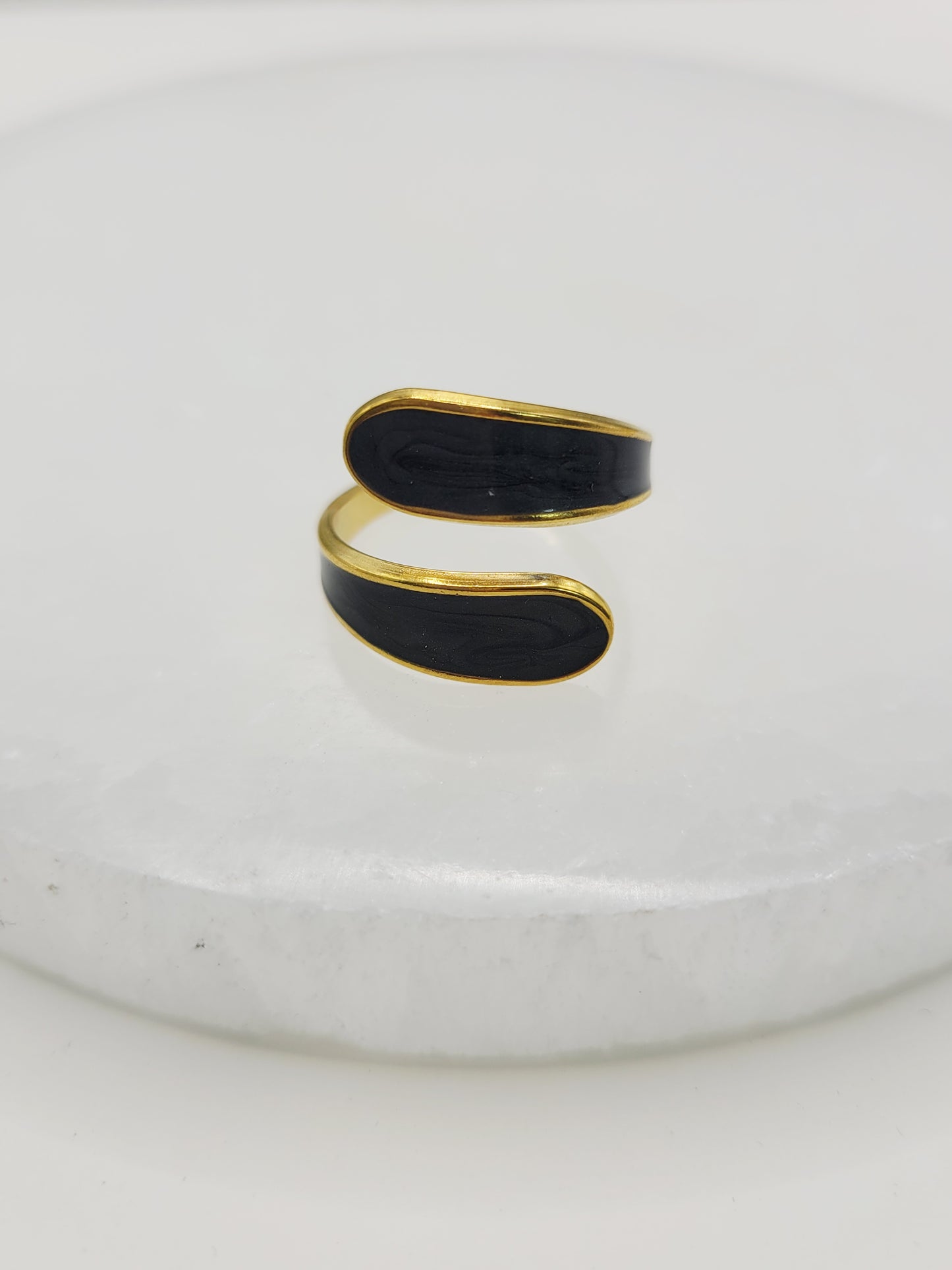 Black Enamel Wrap Ring | 18K Gold Adjustable Cuff