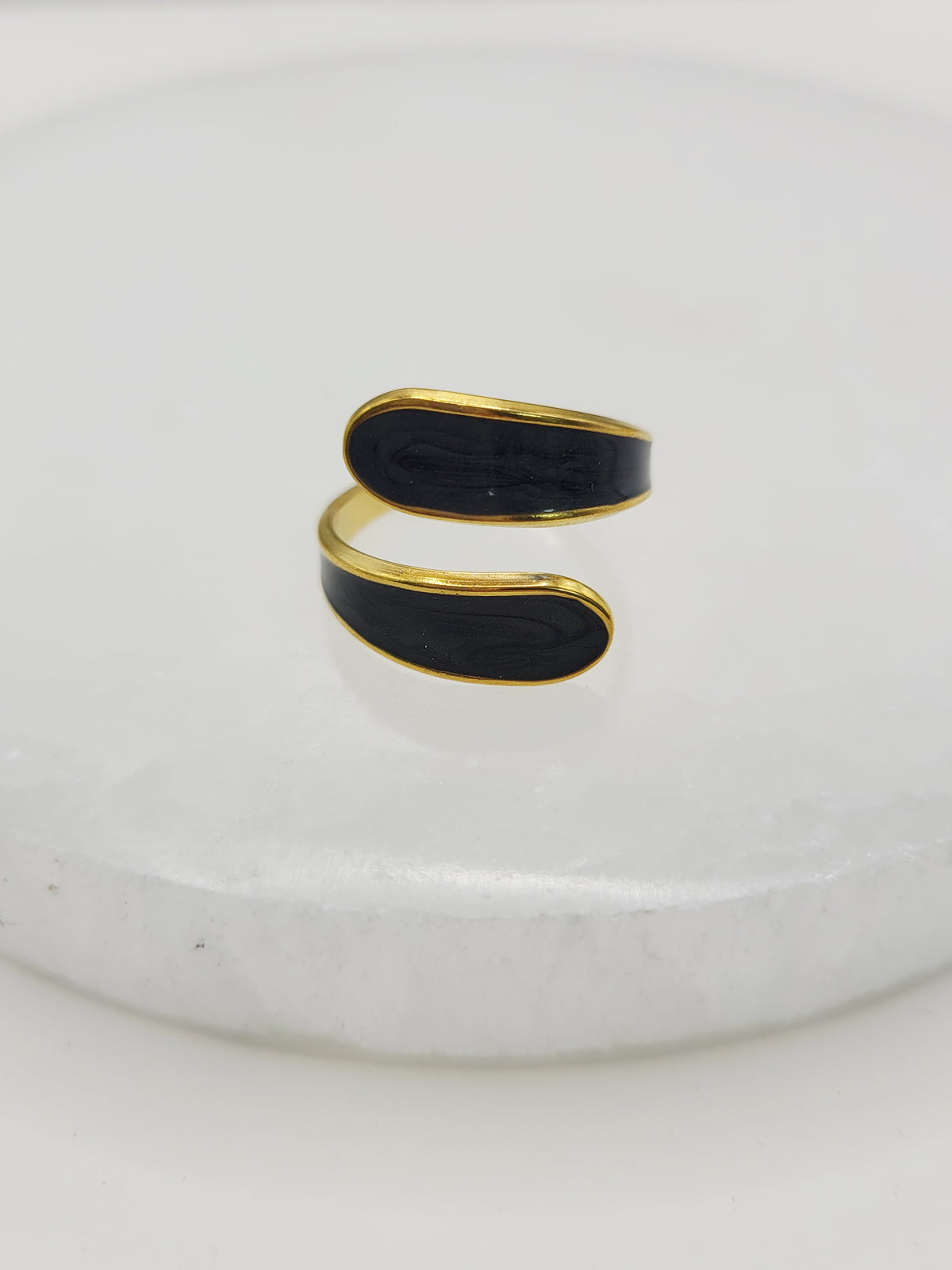 Black Enamel Wrap Ring | 18K Gold Adjustable Cuff