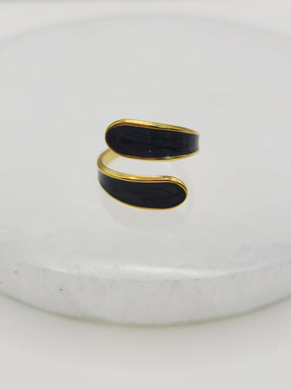 Black Enamel Wrap Ring | 18K Gold Adjustable Cuff