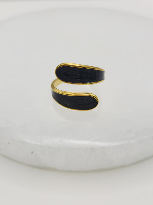 Black Enamel Wrap Ring | 18K Gold Adjustable Cuff