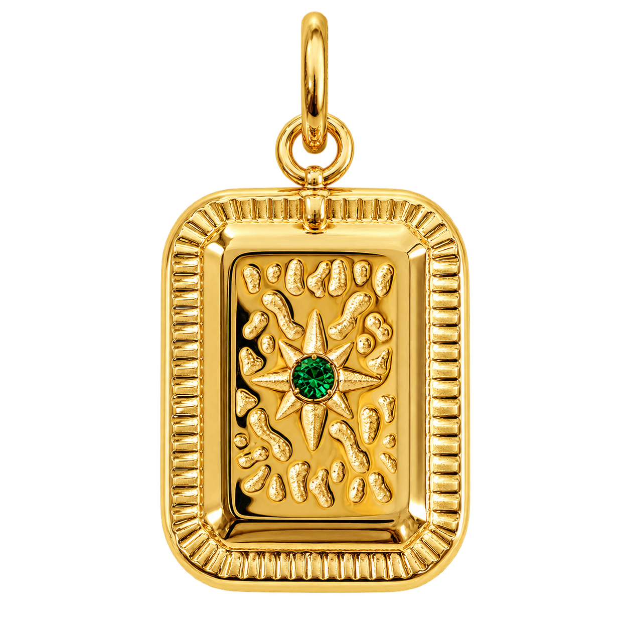 Rectangular gold-tone tablet charm with green starburst center