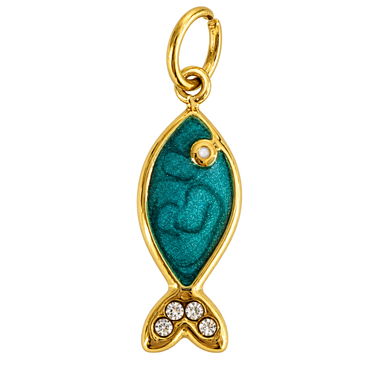 Teal enamel fish charm with four clear tail crystals