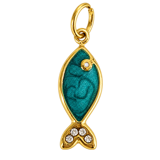 Teal enamel fish charm with four clear tail crystals