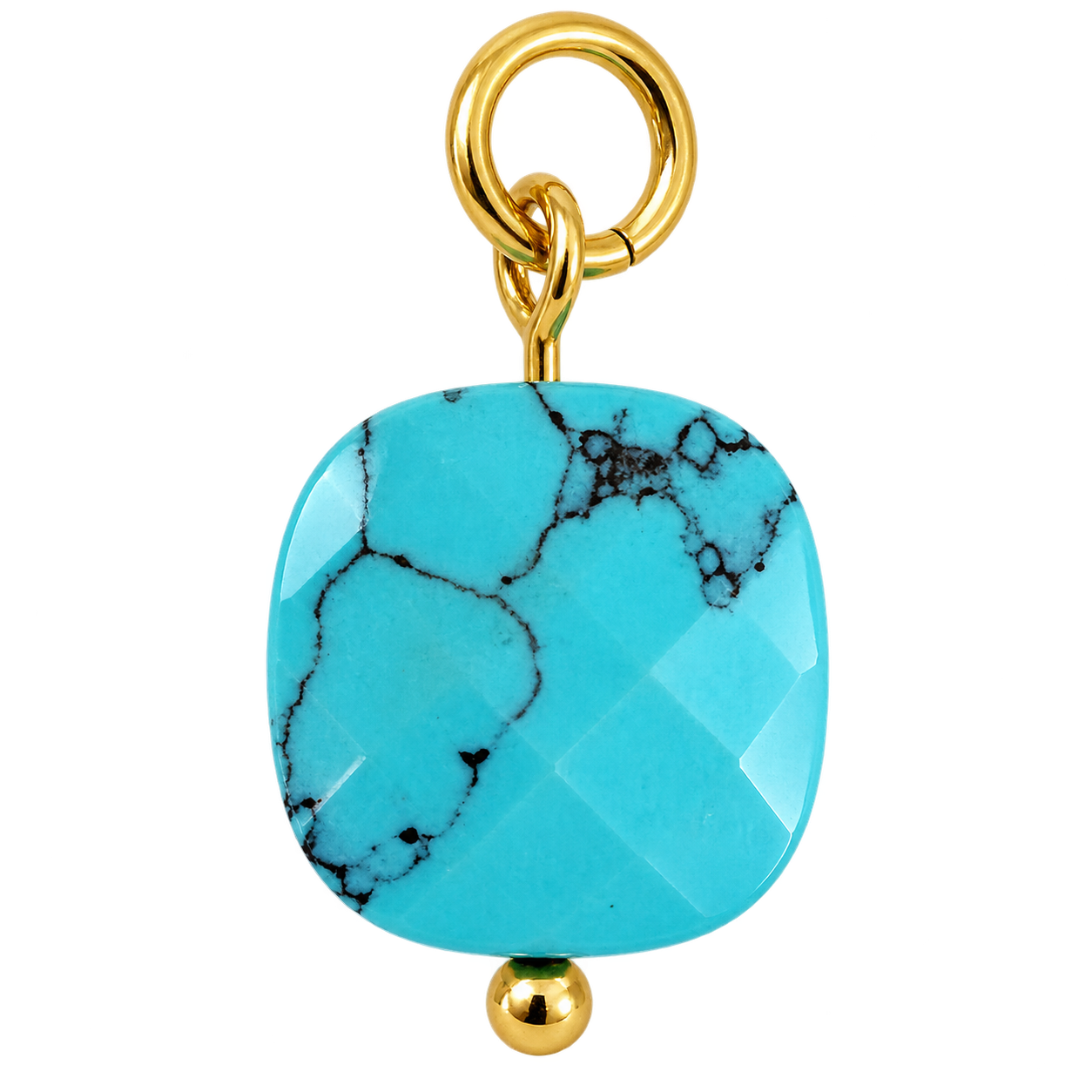 Rounded turquoise stone charm with dark veining and gold-tone accents
