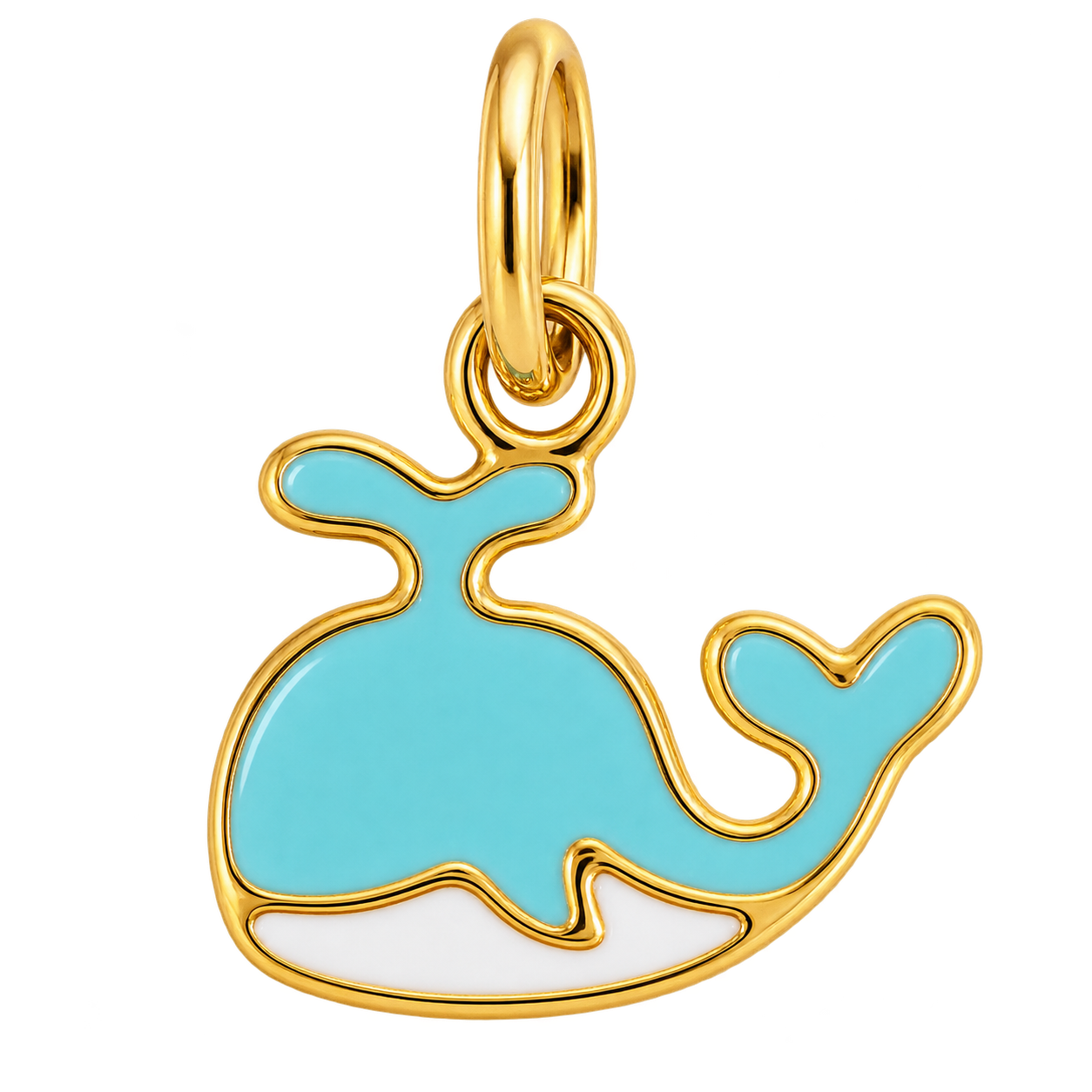 Turquoise enamel whale charm with white belly and gold-tone outline