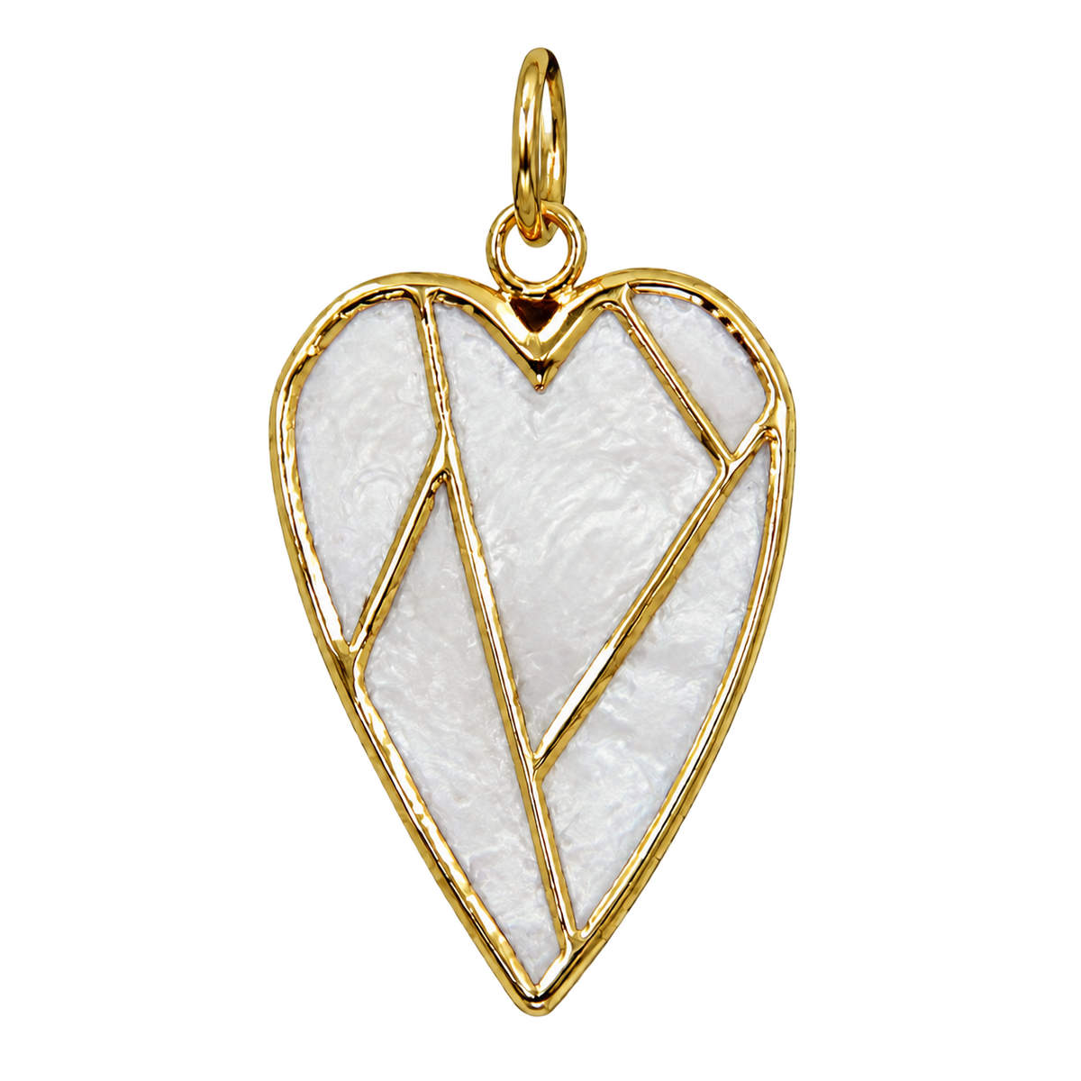 White pearlescent leaf charm with polished gold-tone outline and veins