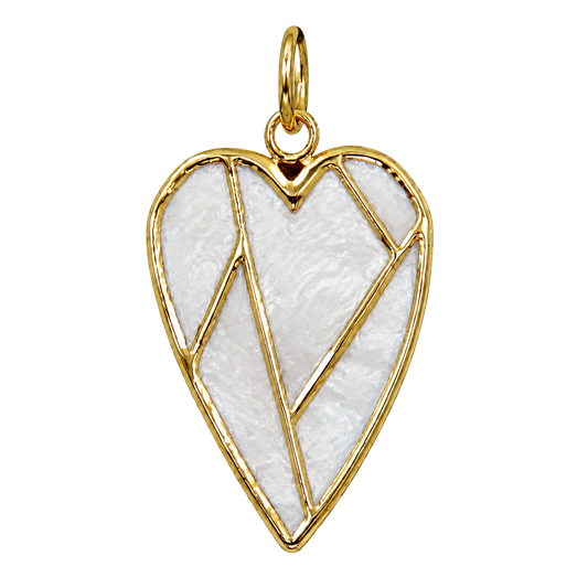 White pearlescent leaf charm with polished gold-tone outline and veins