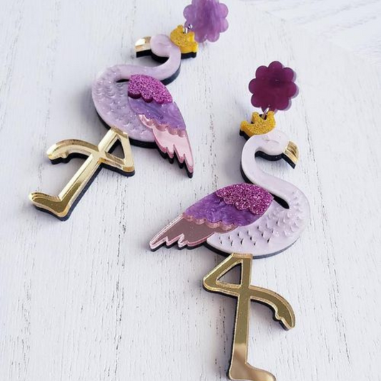 Lilac Flamingo Acrylic Earrings with Glitter Details